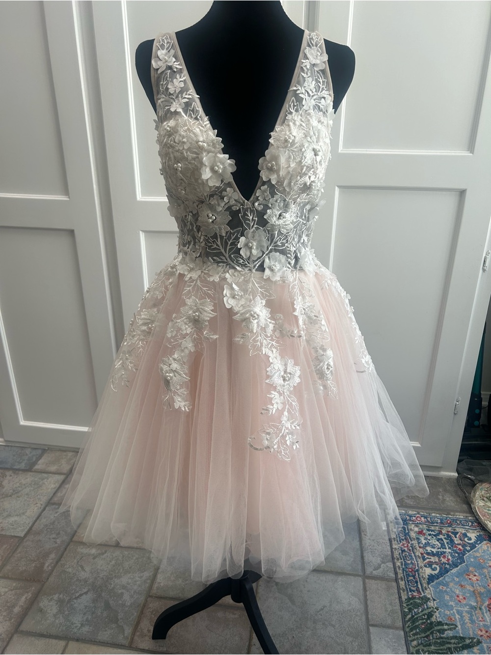 JOVANI Blush Pink Floral Appliqué Tulle Dress